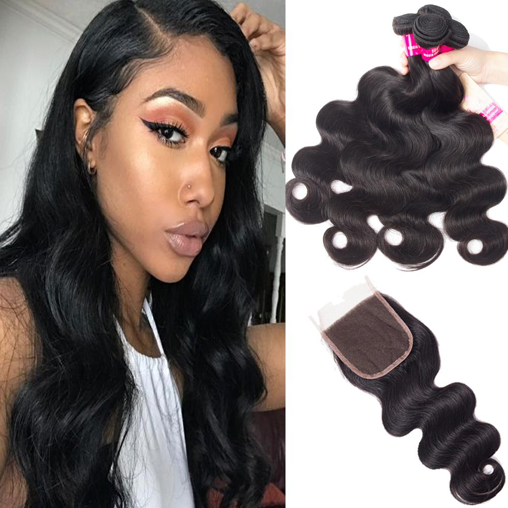 

3 Bundles Silky Straight Body Wave Curly Peruvian Brazilian Virgin Hair Extensions With 4x4 Lace Closure Unprocessed Remy Human Hair Weave