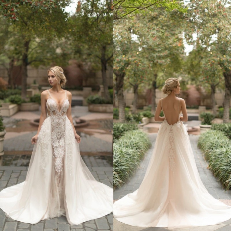 

Naama & Anat 2019 Mermaid Wedding Dresses With Detachable Train Illusion Lace Appliqued Boho Bridal Gowns Backless vestido de novia, Pink