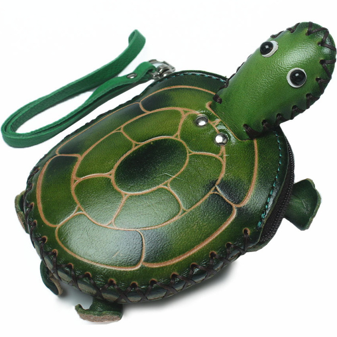 

Genuine Leather Handmade 3D Turtle Coin Purse Mini Wristlet Strap Zip Closure Clutch Bag Cartoon Animal Keychain Cardholder Kid Gift Wallets, Orange