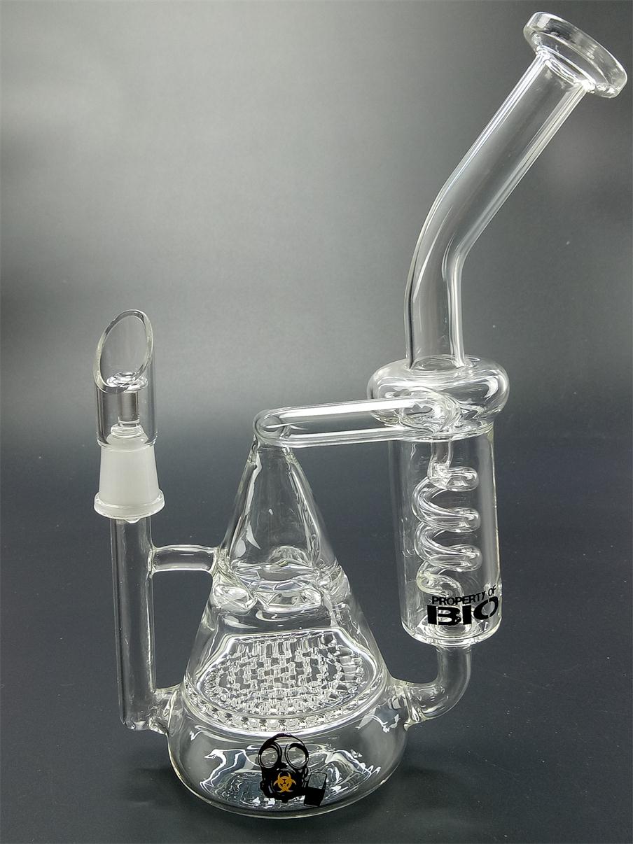 

BIO Bong Water Pipes Double Recycler Honeycomey to Turbine Prec Glass Hookahs Spiral Ice Catcher Oil Rigs 8" inch Tall Bubbler Beaker Bongs