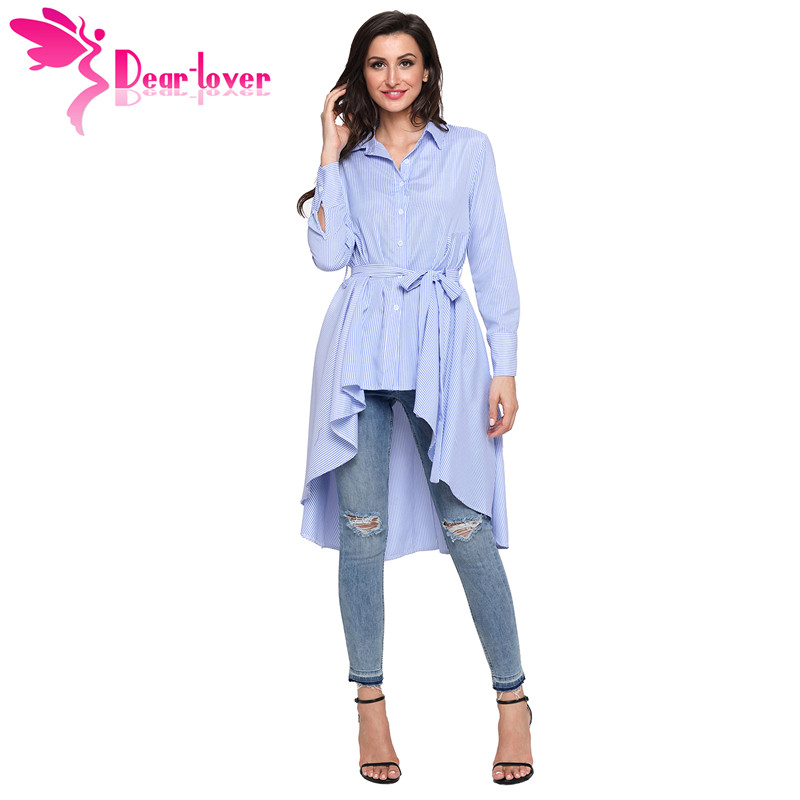 

Dear Lover Stripe Blouse Shirt Women New Fashion Blusas Office Ladies Autumn Long Sleeve Lapel High Low Belted Tunic Top C250364, Light blue
