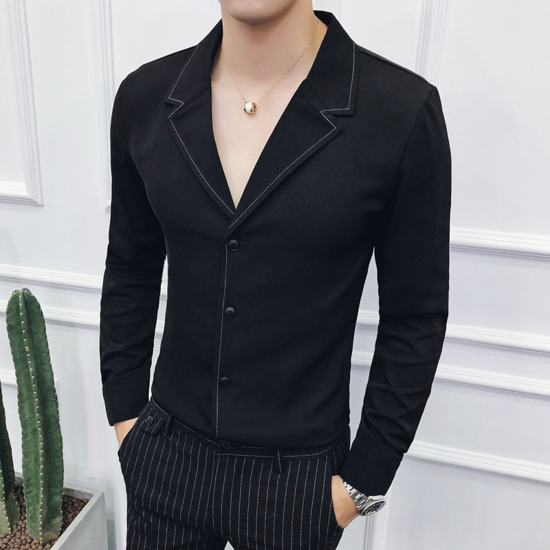 

2018 New Autumn Causal Men Shirt Long Sleeve Black White Suit Collar Style Mens Skinny Shirts Korean Slim Fit Fashion Shirt Man