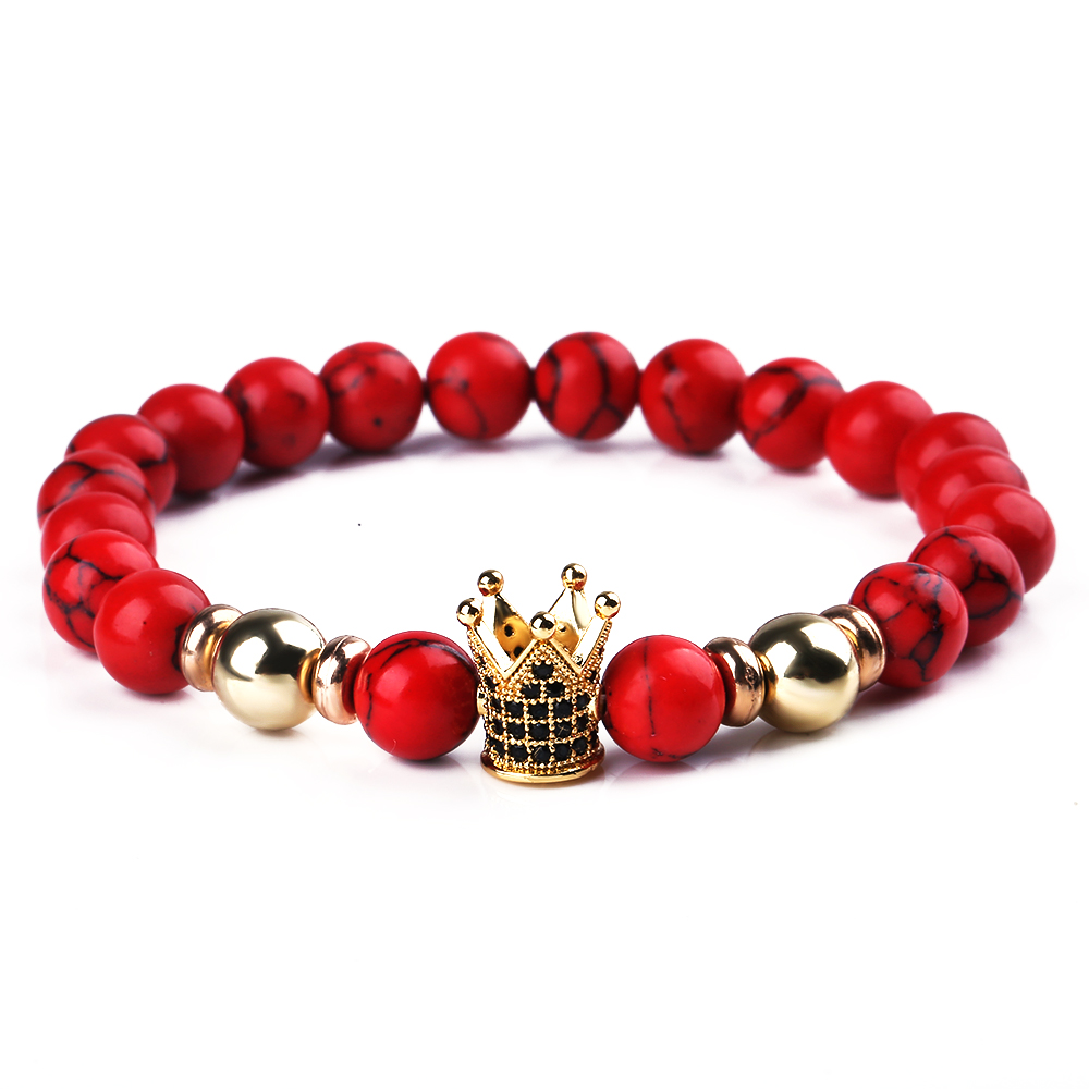 Bracelet de perles rouges fait à la main, couronne en Zircon doré pour femmes, bijoux pour hommes, Bileklik, Bracelet élastique