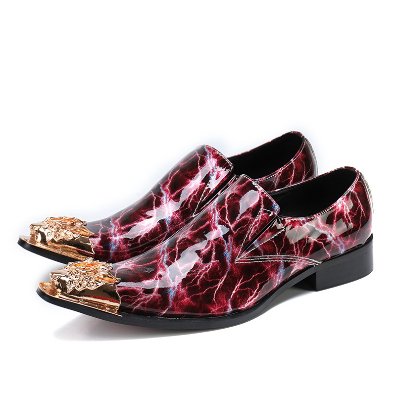 

Personalized Designer Fashion Men Red Dress Shoes Trend Slip On Lightning Pattern Metal Toe Blue Show Shoes Man Party 46