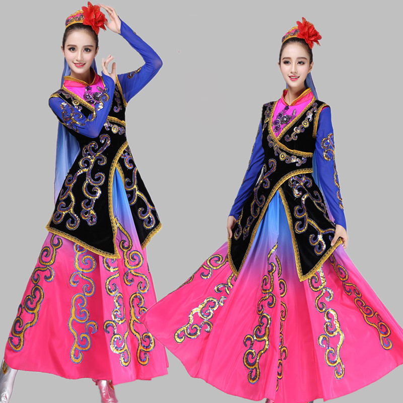 

Chinese Minority long dress New style Xinjiang national female clothes Traditional Chinese Folk dance costumes women Ethnic stage wear, Black