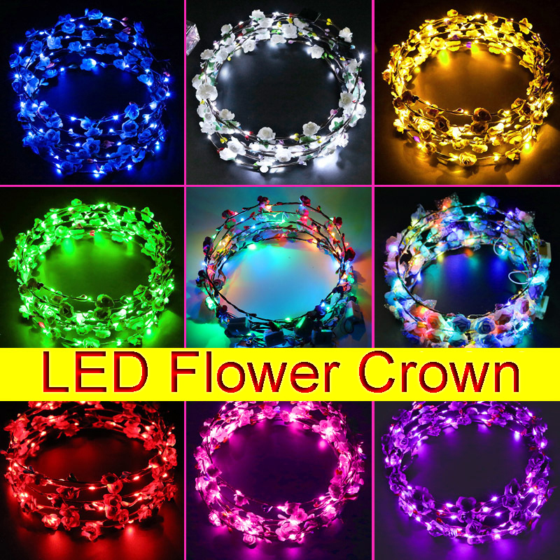 

LED Lighting Wreaths Women Flower Hair Crown Luminous Headbands Headwear for Wedding Kids Night Market Toys Glowing Garland Head Ornaments, Multicolor