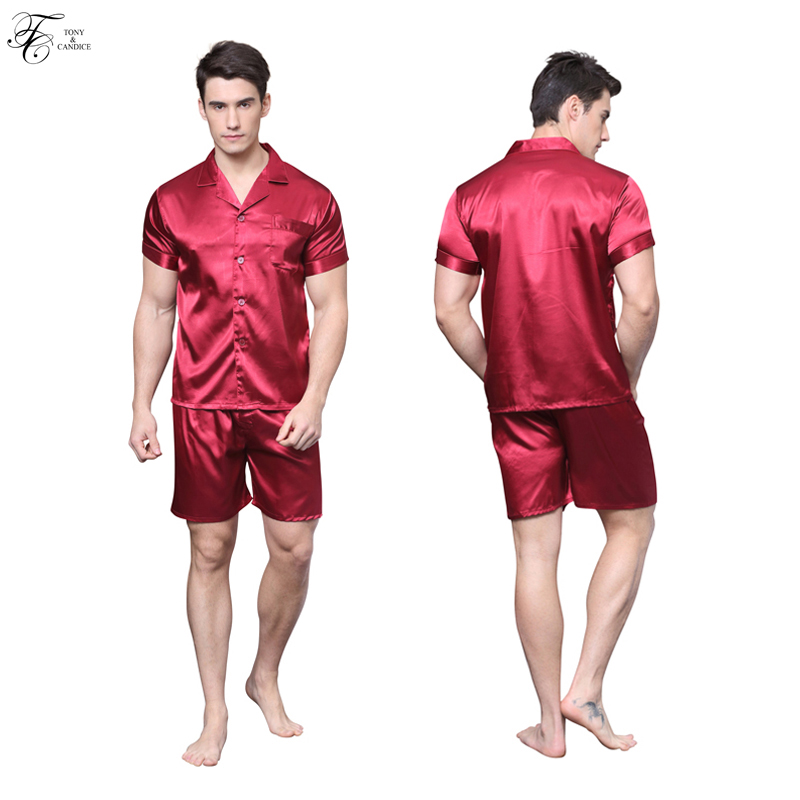 

Wholesale-Tony&Candice Men's Silk Pajamas Satin Sleepwear Short Sleeves Pajamas Set In Summer Soft Nightgown For Men pyjama Casual Style, Red