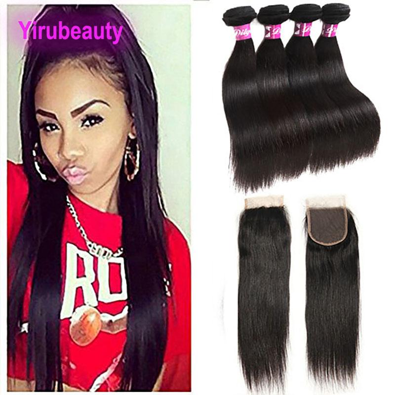

Indian human hair bundles With 4X4 Lace Closure 5 Pieces/lot Straight Hair Natural Black Straight, Natural color