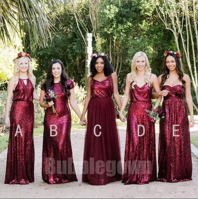 

Country Bridesmaid Dresses Burgundy Sparkle Sequined Long Maid Of Honor Gowns Custom Made Beach Wedding Party Guest Dresses