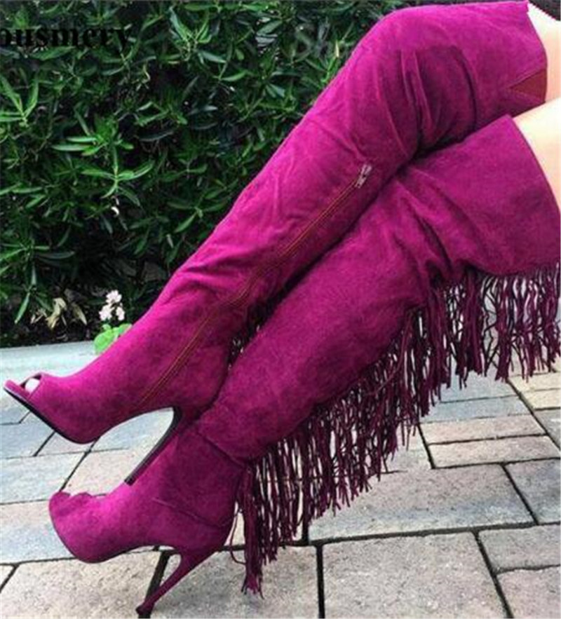 

Fashion Design Peep Toe Suede Leather Over Knee Tassels Gladiator Boots Zipper-up Fringes Long High Heel Boots Dress Shoes, Purple
