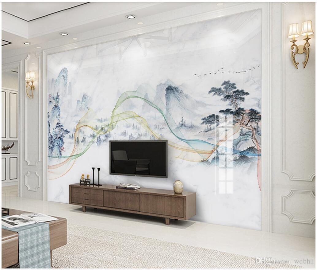 

3d wallpaper custom photo Contemporary and simple abstract lines ink and wash and marble Chinese background muals wall paper for walls 3 d, Green
