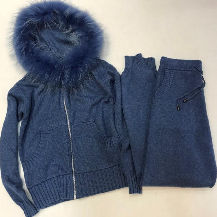 Hiver laine + cachemire tricoté chaud costume fourrure à capuche pull en velours + vison cachemire pantalon loisirs costumes deux pièces wj2811