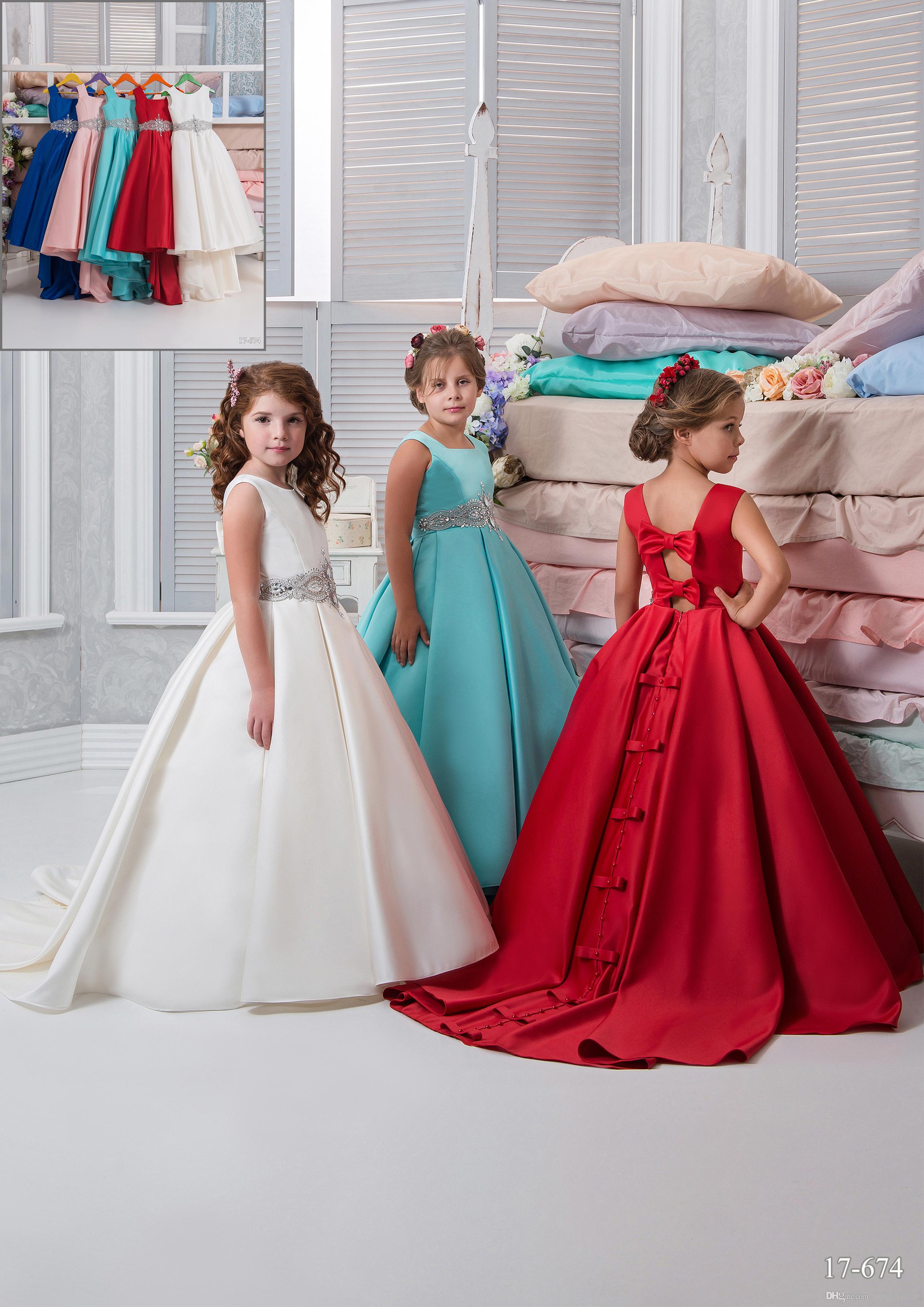 2019 Nouvelle Arrivée Blanc Rouge Bleu Fleur Filles Robes 2018 Robe De Bal Carré Filles Pageant Robes Dos Nu Longueur Au Sol Première Communion P