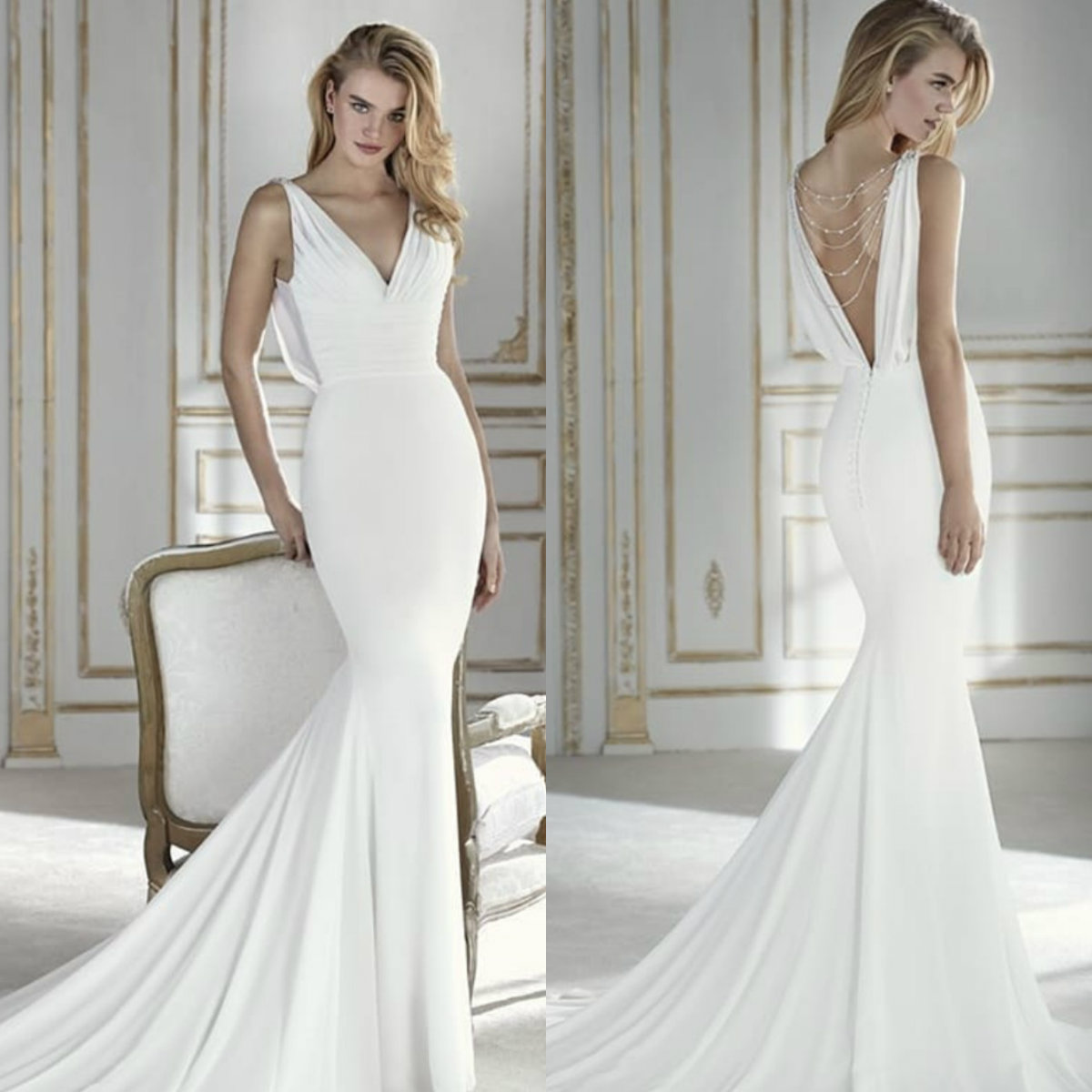 

Elegant 2018 Mermaid Wedding Dress V Neck Sexy Backless Beading Design Simple Custom Made Bridal Gowns, Champagne