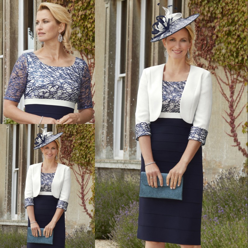 

Navy Blue Lace Mother Of The Bride Dresses Scoop Neck Sequined Wedding Guest Dress Jackets Knee Length Plus Size Evening Gowns