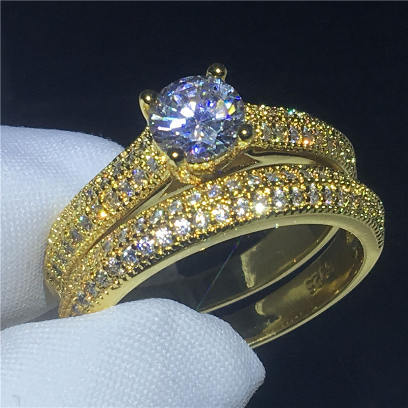 

Classic Lady Genuine 925 Sterling silver ring Gold color 5A Cz Stone Engagement wedding band ring for women Bridal sets