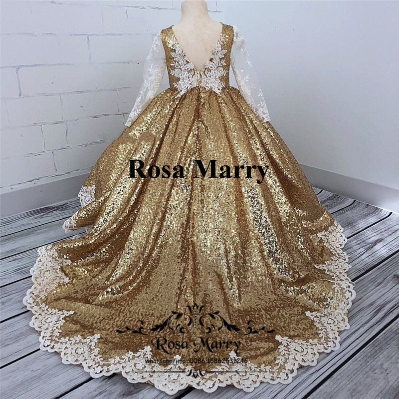 Robe de bal à paillettes dorées pour filles, robes de concours Vintage en dentelle, manches longues, grande taille, bon marché, robes de concours