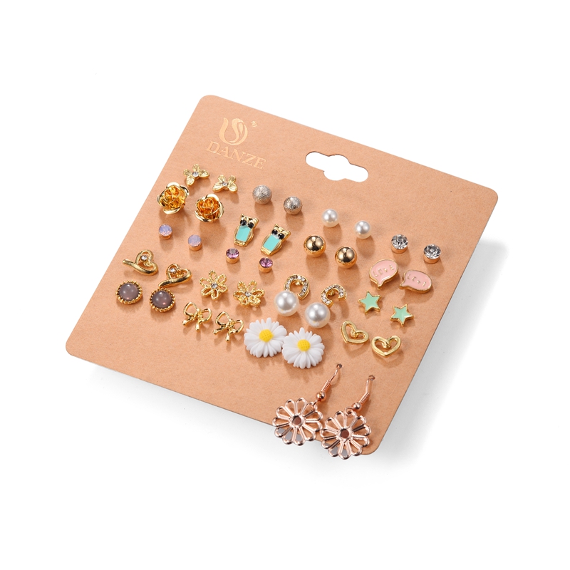 

20 Pairs/lot Punk Fashion Stud Earrings Set For Women Elegant Mixed Crystal Flower Bow metal Ball Earings Jewelry 5 Styles