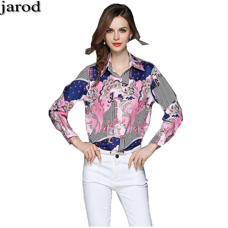 

Fashion Women' Shirts 2018 spring New Luxury Women Print Lapel Women Designer Floral Printed Blouse, As picture