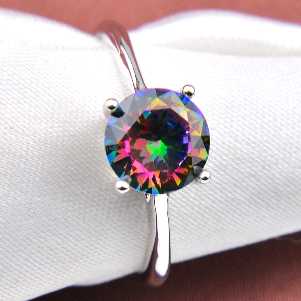 

10 Pcs Vintage 925 Sterling Silver Round Natural Rainbow Mystic Topaz Gems Jewelry Austrian Crystal Wedding Ring for Lovers Ring