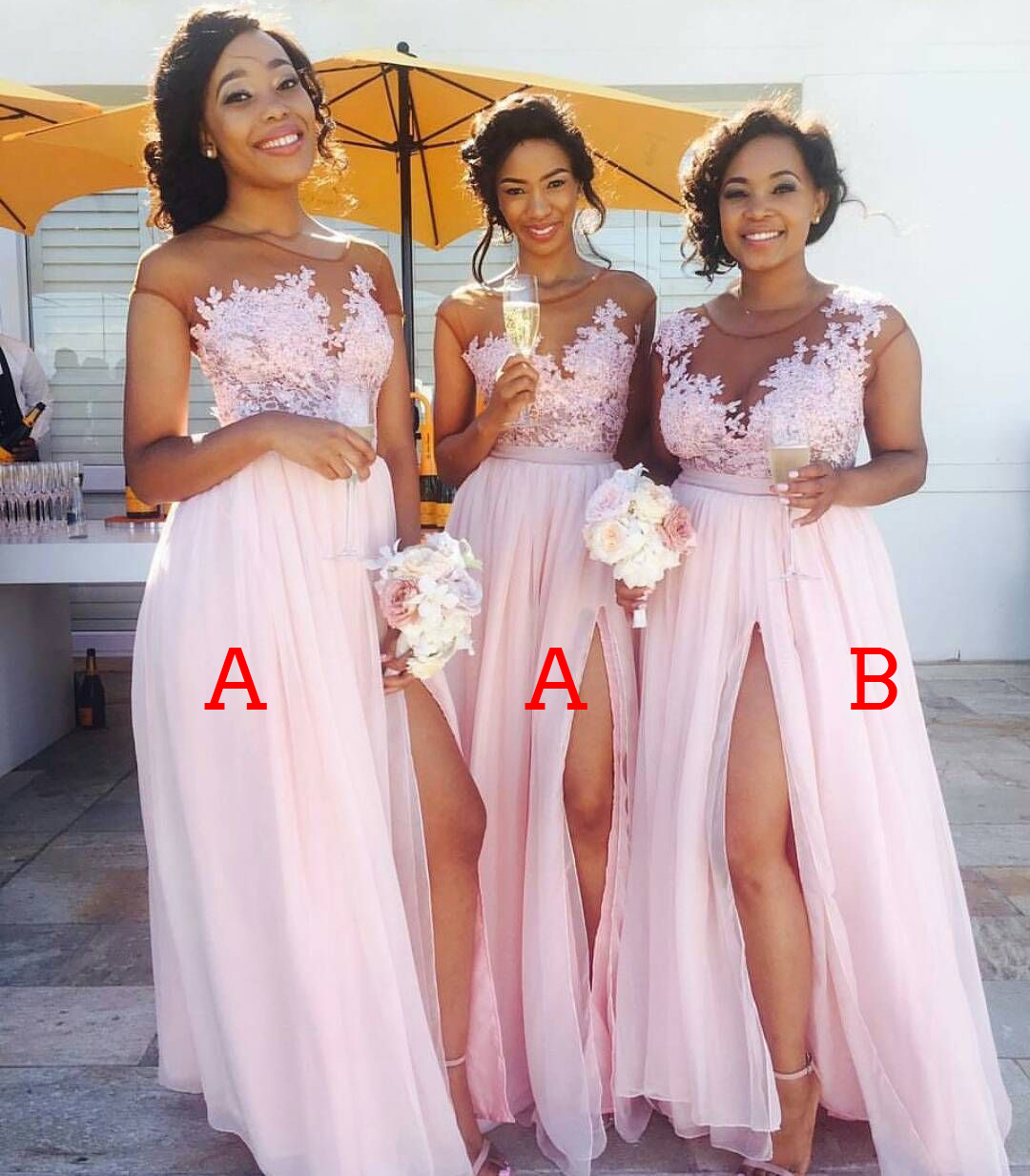 

Blush Pink Sexy Lace Appliques Sheer Neck Side Split Bridesmaid Dress Wedding Guest Dresses Plus Size MB063
