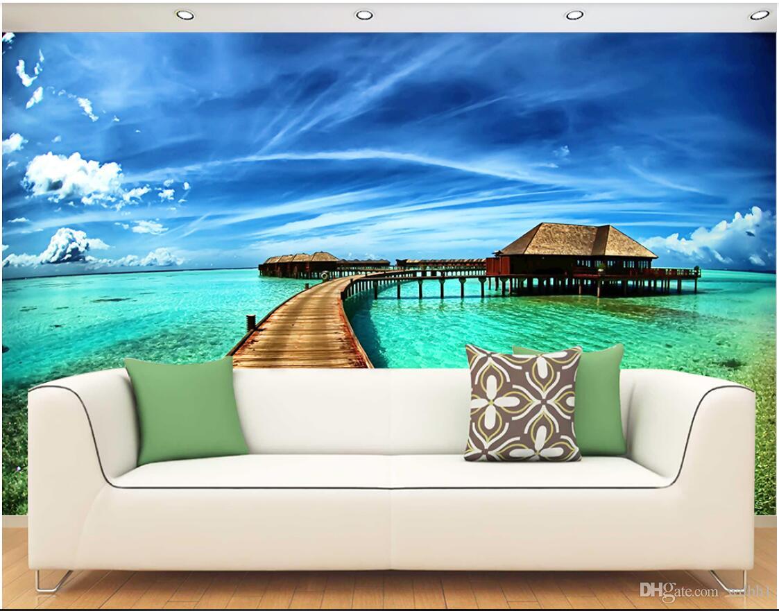

3d wallpaper custom photo Non-woven mural Maldives sea bridge house landscape mural background wall muals wall paper for walls 3 d, Picture shows