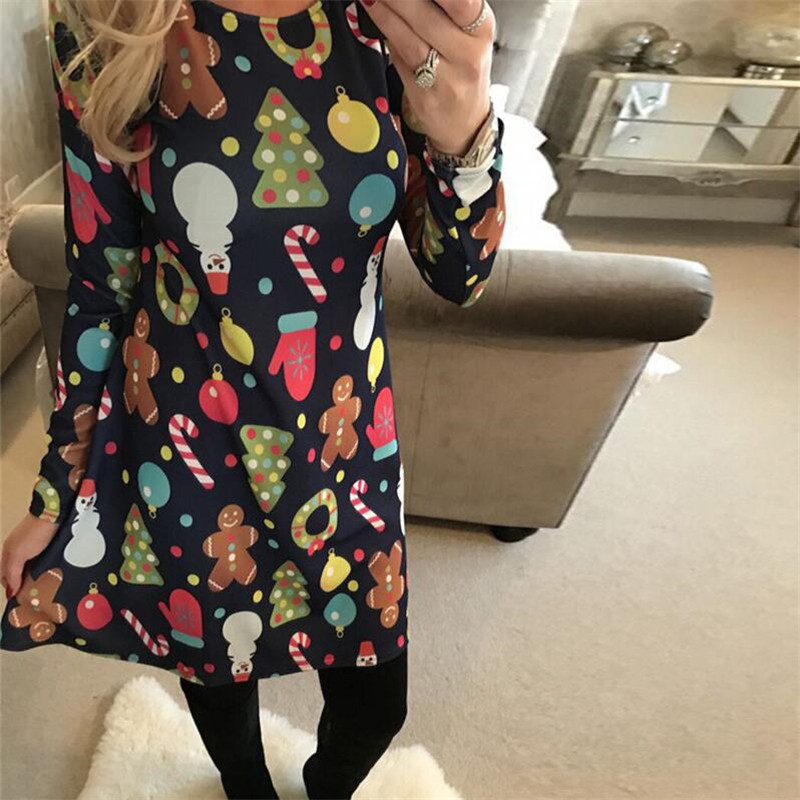

5XL Plus Size Women Long Sleeve Loose Dresses 2018 New Casual Christmas Dress Tree Snowman Printing Mini Dress For New Year, 2210 black