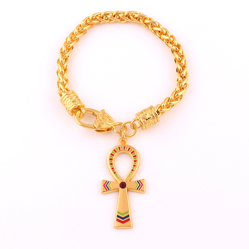 

Vintage Egyptian Ankh Cross Symbol Of Life Pendant Bracelet Gold Color Charm Crystal Enamel Ornament Wheat Link Chain, Golden;silver