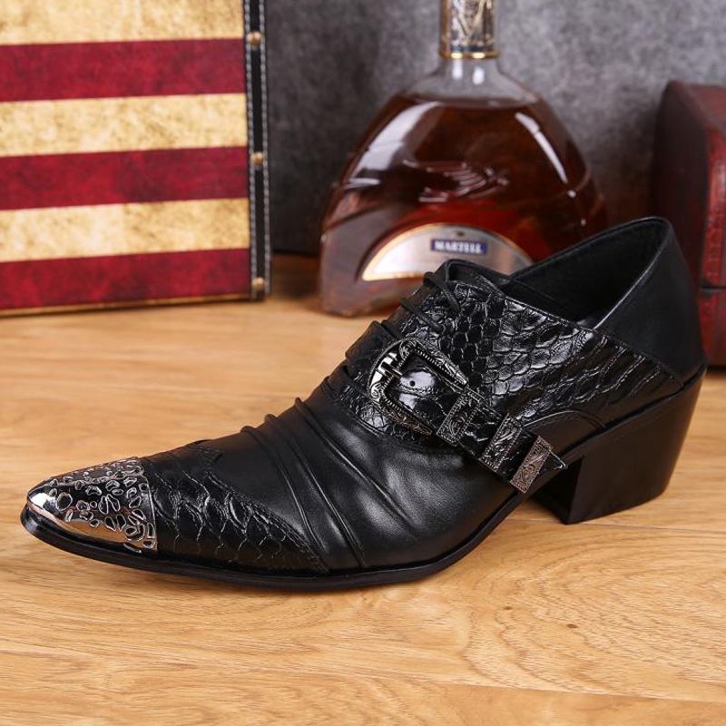 

Plus Size Fashion Pointed Toe Man Metal Tipped Oxfords High Heels Genuine Leather Men's Formal Dress Party Banquet Shoes SL270, Black