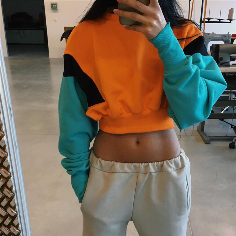 NCLAGEN 2018 New Women Spring Autumn Cute Pinkycolor Orange Hoodies Long Sleeve Loose Crop Top Sweatshirt Casual Patchwork Cloth C18111301
