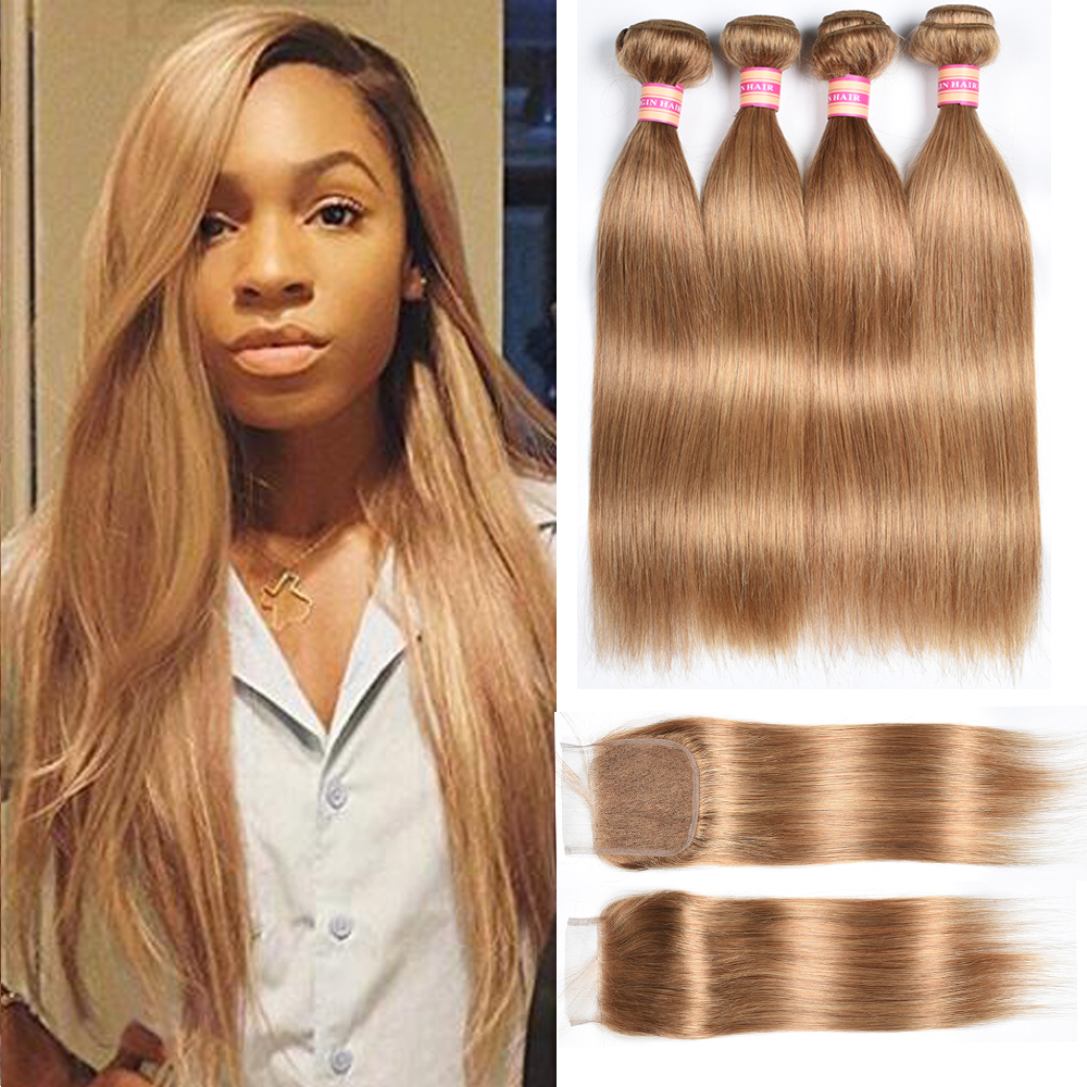 

8A Peruvian Full Head 4Pcs Virgin Human Hair Weft 3 pcs+1pcs Closure(4*4) Honey Blonde Color 27# Straight Human Hair Weaves With Closure, Cambodian human hair