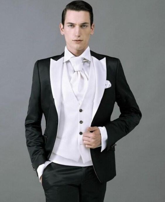 

New Arrivals One Button Black Groom Tuxedos Groomsmen Peak Lapel Best Man Blazer Mens Wedding Suits (Jacket+Pants+Vest+Tie) H:859, Same as image