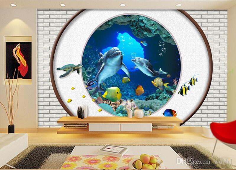 

3d wallpaper custom photo Underwater world dolphin brick wall living room Home decor background wall 3d wall murals wallpaper for walls 3 d, Sky blue