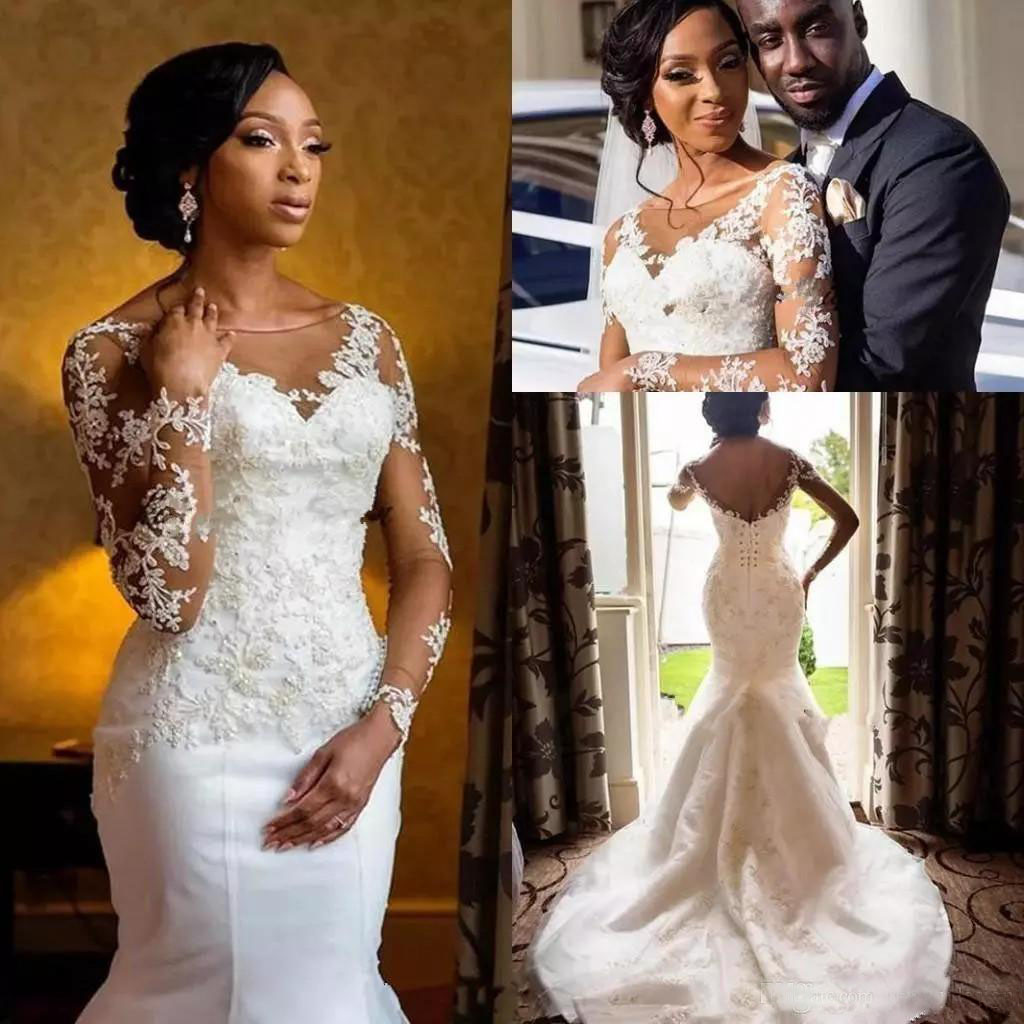 

2018 Plus Size African Mermaid Wedding Dresses with Sheer Lace Long Sleeves Black Girls Sweep Train Wedding Gowns Backless Bridal Gowns, White
