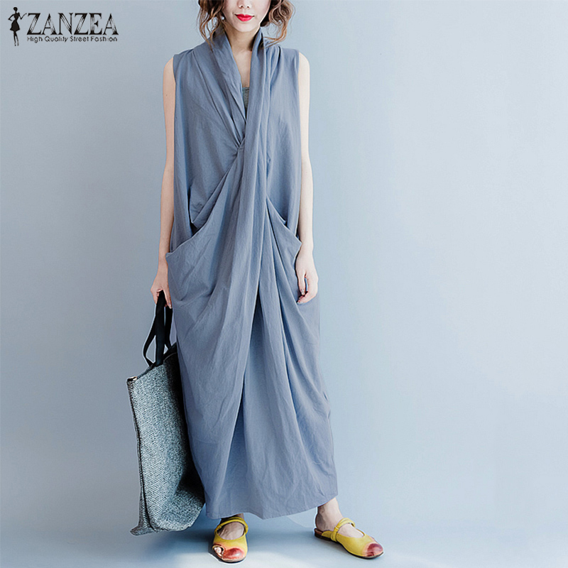 

ZANZEA Women Long Dress 2018 Summer Sleeveless Casual Deep V Neck Loose Irregular Maxi Vestido Boho Beach Party Robe Femme 5XL, Black