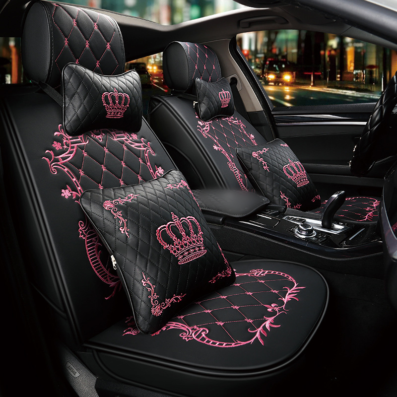 

Crown Car Seat Cover Front Back Leather Seat covers Set Uinversal Four Seasons Auto Accessories Interior Girl Women Car Stying