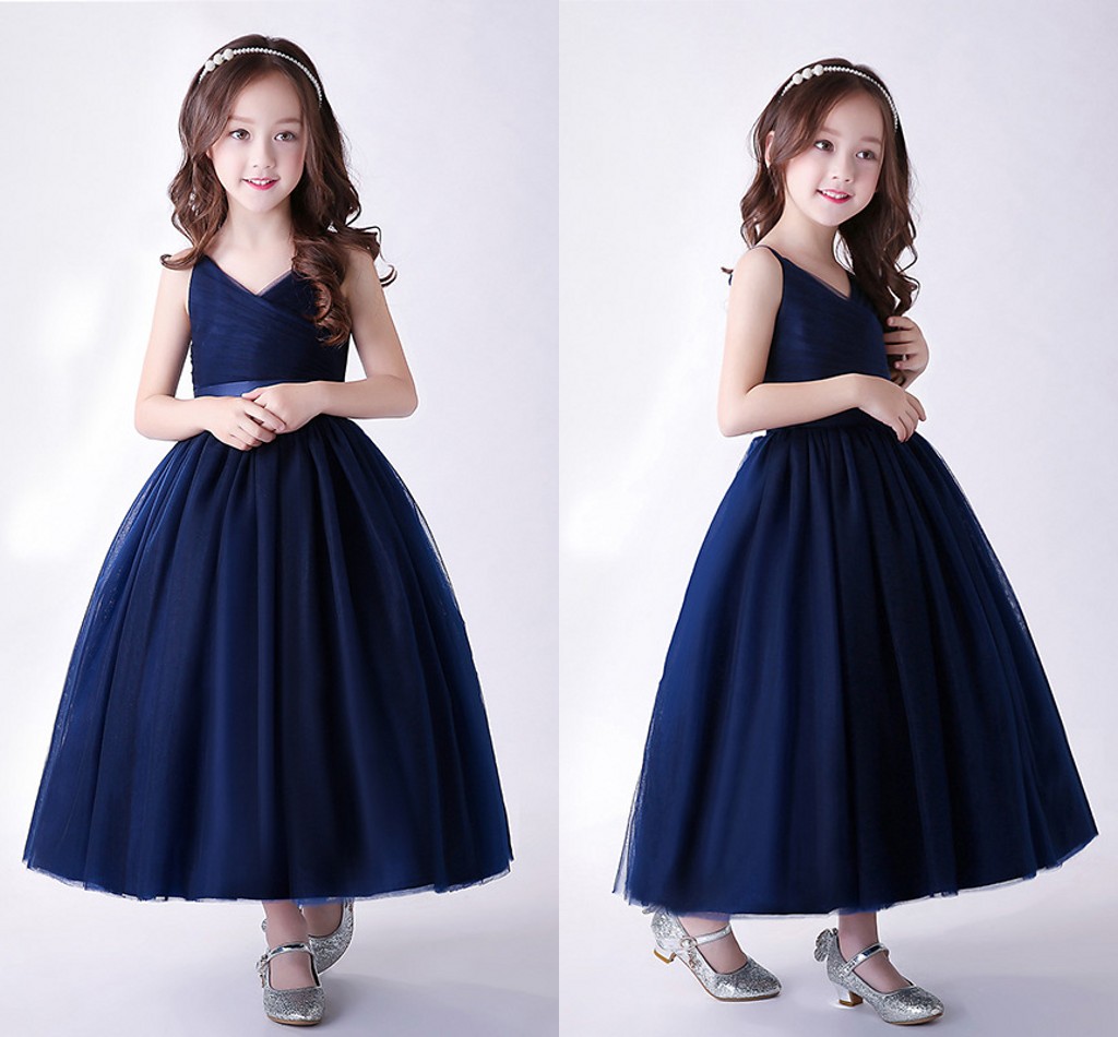

2018 New Arrival Navy Blue Cute Tulle Flower Girls' Dresses With Sash V Neck Zipper Back Tea Length Girls Pageant Gowns MC1606, Same as image