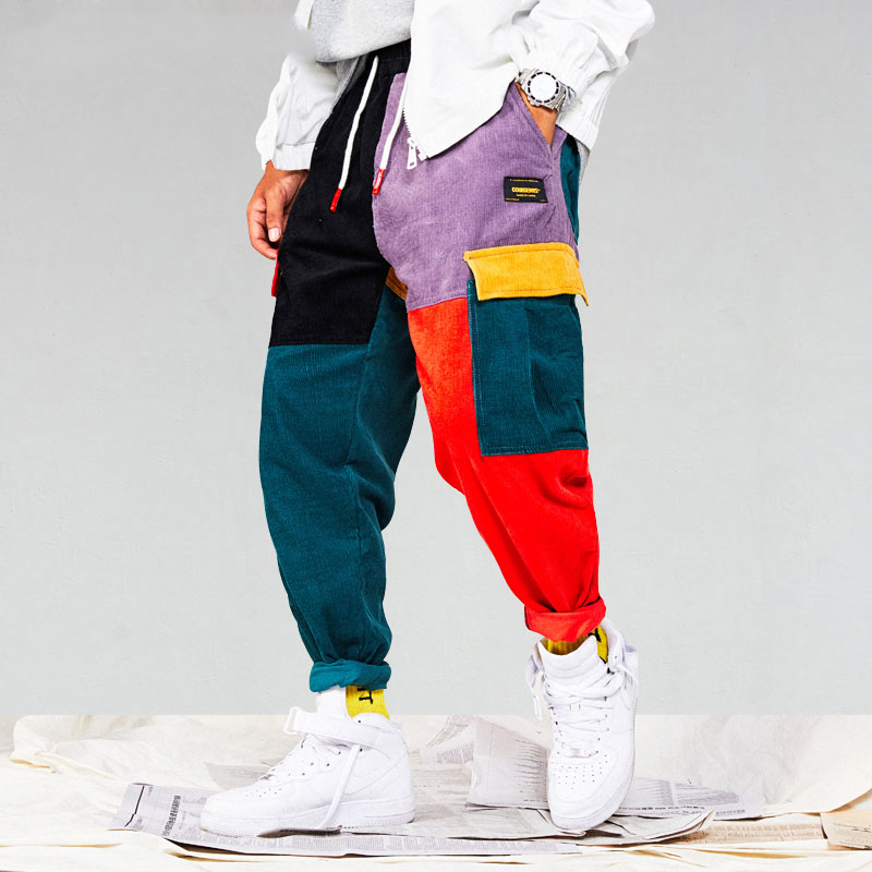 

Corduroy Color Block Patchwork Pockets Cargo Harem Pants Men Women Harajuku Hip Hip Cotton Jogger Pants Trousers, Black