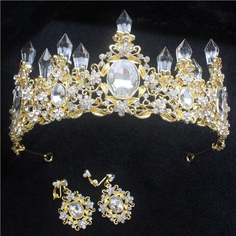 

Bride Tiaras Red Crown and Earrings Baroque Jewelry Set Wedding Dress Ornaments Golden Handmade hair Accessories Crystal Jewelryy, White;golden