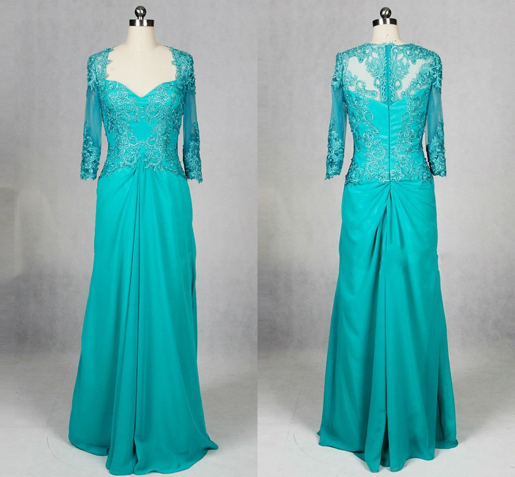 

Fashion Turq Hollow Back Mother of the Bride Groom Dresses Plus Size Sweetheart Illusion 3/4 Sleeves Applique Chiffon Wedding Guest Dress
