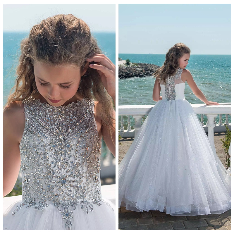 

2022 Bling Beaded Crystal Flower Girls Dresses For Teens Tulle Floor Length Beach Girl Pageant Party Gowns Tulle Skirt Formal Kids Wear, White;blue