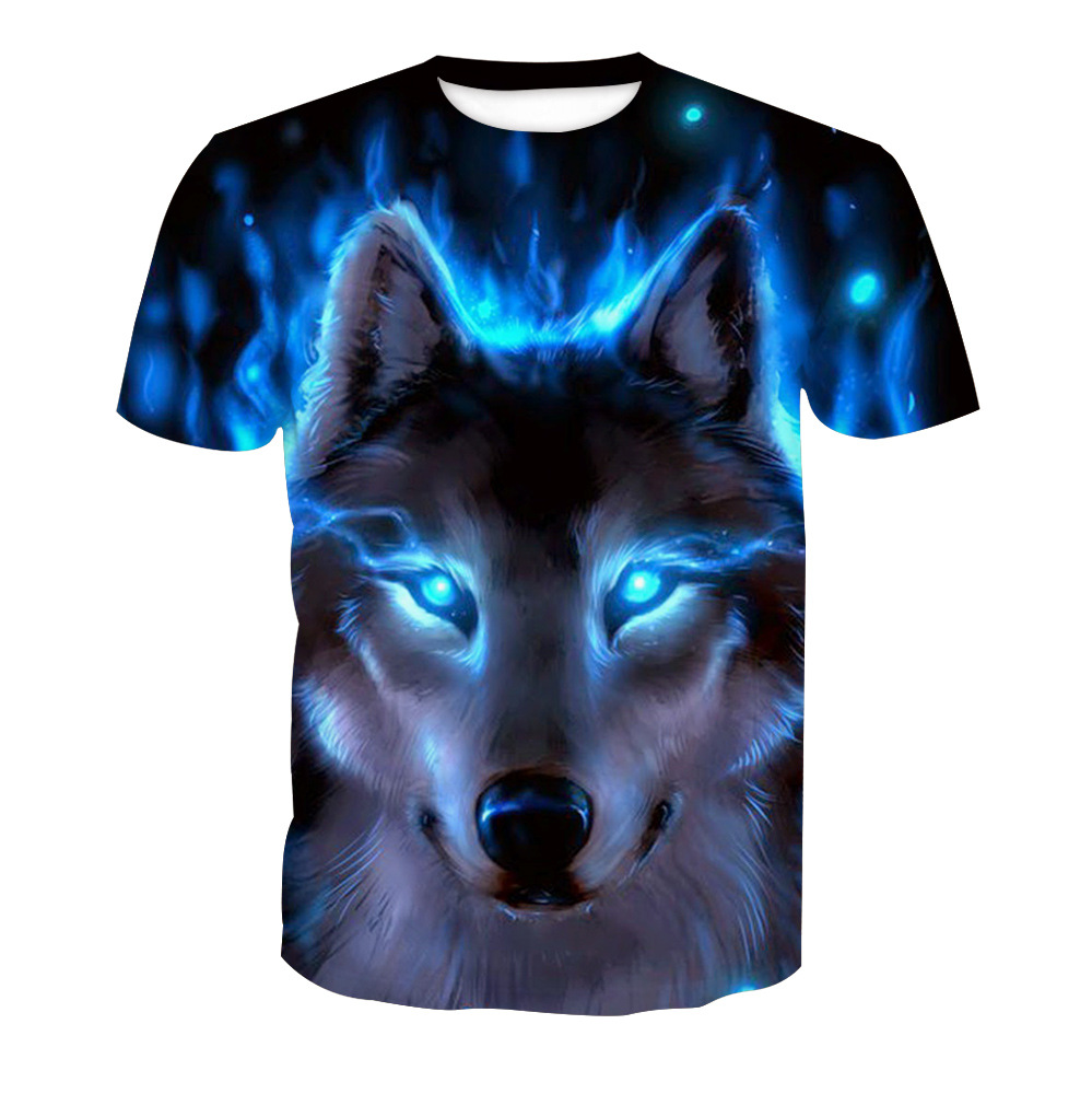 

New Mans Blue Wolf Printed Casual Tshirts Summer Male High Street Tees Casual Short Sleeve Crew Neck Tops, Black