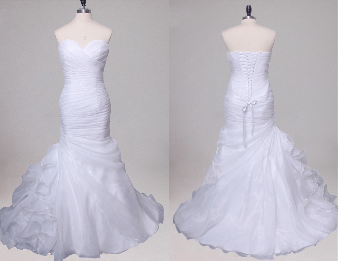 

Real Photo Mermaid Wedding Dresses Cheap Sweetheart Neck Ruffles Corset Back Court Train Organza Plus size Wedding Bridal Gowns, Champagne