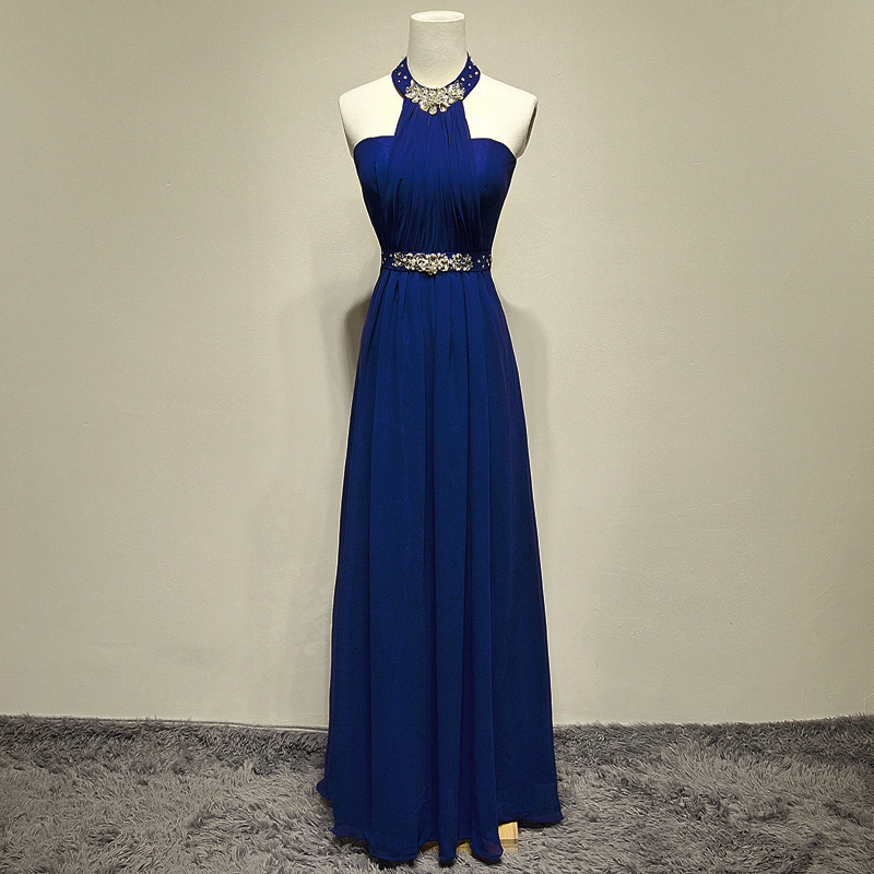 

Cheap Elegant Long Prom Dresses Halter Neck Sleeveless Ruched Chiffon Floor Length Royal Blue Formal Dress Evening Party Gowns Crystals, Silver