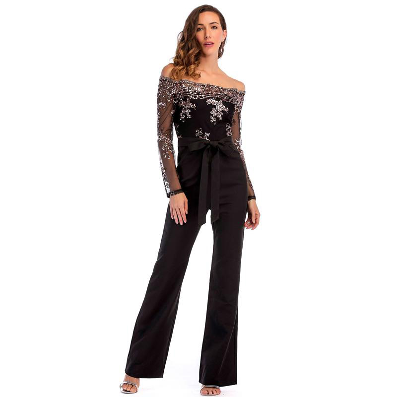 

Slash Neck Black Jumpsuit Sequined Floral Long Sleeve Sheer Top Wide Leg Pants Ladies Slim Cocktail Party Jumpsuits