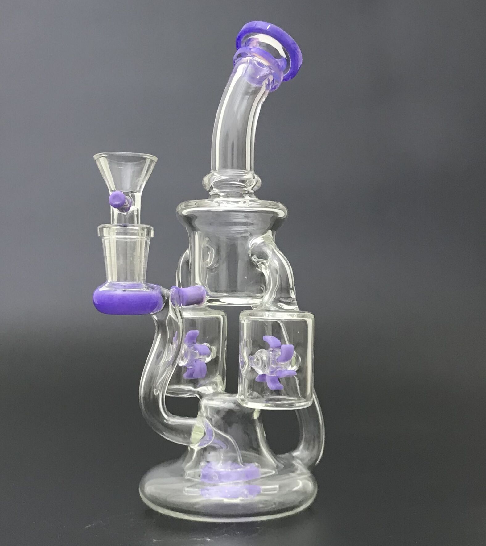

Unique Purple Glass Bong Double Recycler Water Pipes Propeller Percolater Perc Oil Rigs 14mm Joint Dab Rig XL167