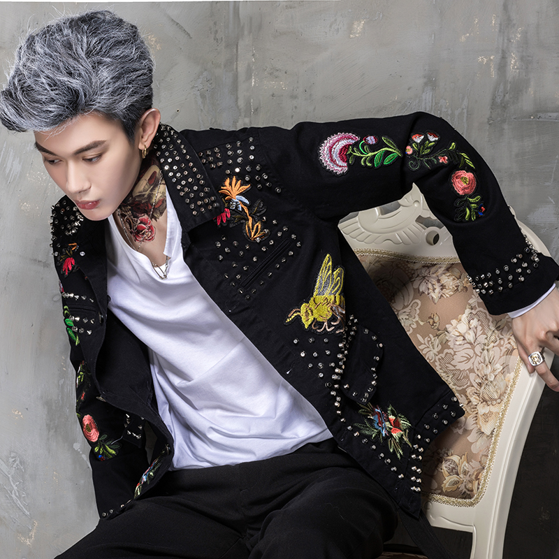 2018 nouvelle automne hiver hommes mode personnalité veste décontracté métal rivet brodé lâche Denim veste hip-hop chanteur costumes