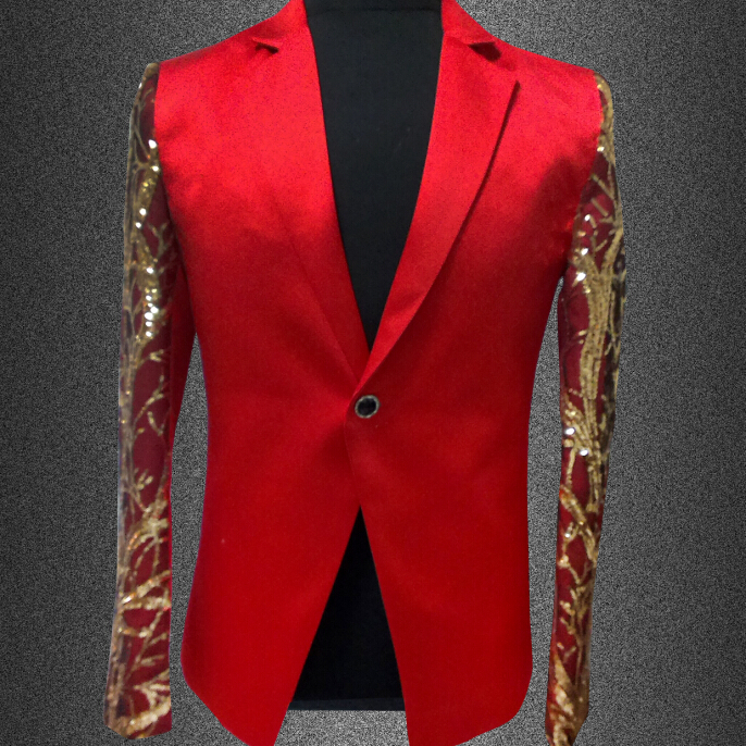 

2016 new fashion male suits blazer red gold sequins slim men performance costume stage wear star concert jacket coat outerwear