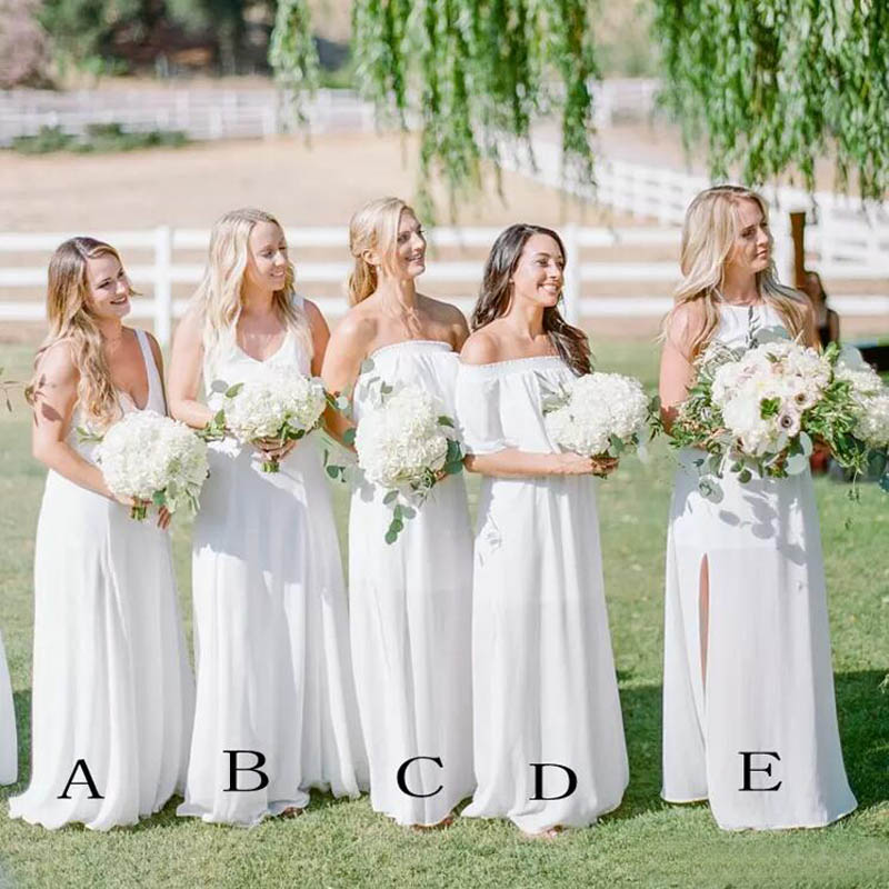 

Bohemian 2018 White Chiffon 5 Styles Bridesmaid Dresses Long Boho Beach Country Floor Length Maid Of Honor Gowns Custom Made China EN2056