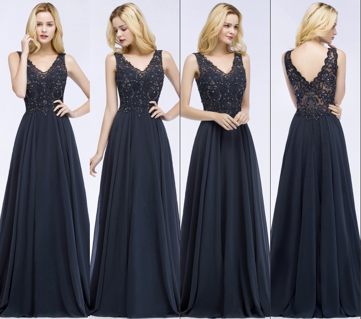 Dark Navy A Line Cheap Bridesmaid Prom Dresses V Neck Beads Sequined Chiffon Sweep Train Beads Sequined Formal Evening Formal Gowns